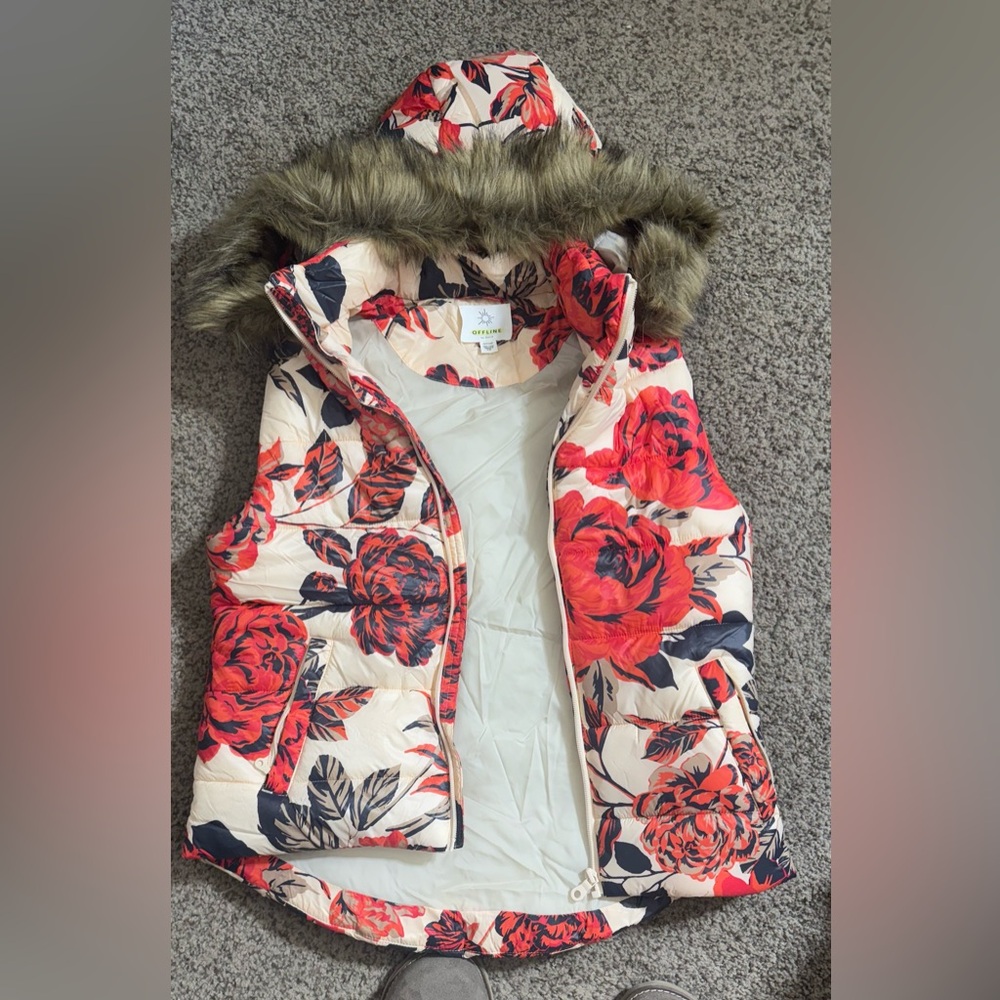Aerie Floral Puffer Jacket with Red and Black Accents